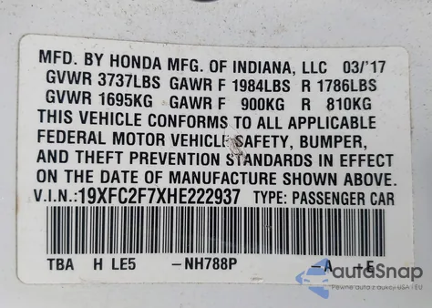 2017 Honda Civic Ex from USA, damaged, VIN 19XFC2F7XHE222937